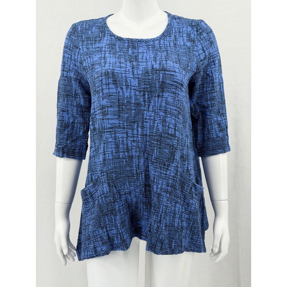 Yushi Top Women Small Blue Purple Textured Tunic Lagenlook Artsy Pockets Relaxed